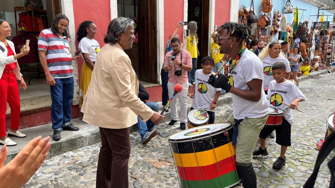 Linda Thomas-Greenfield, the US ambassador to the United Nations, joins street drummers from the Olodum Afro-Brazilian cultural center in Salvador, Brazil on May 3, 2023.