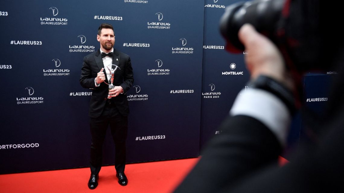 Lionel Messi poses with his Laureus World Sportsman of the Year award during the 2023 Laureus World Sports Awards ceremony in Paris on May 8, 2023. 