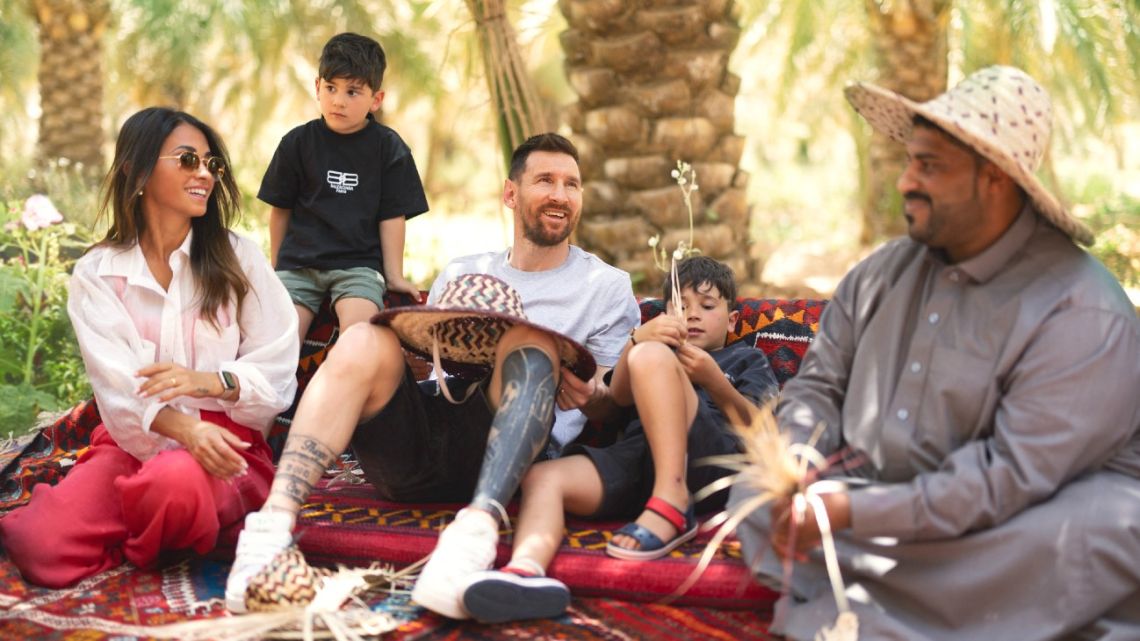 This handout picture provided by the Saudi Tourism Authority on May 1, 2023, shows Argentina's forward Lionel Messi, his wife Antonela Roccuzzo and their children visiting in Riyadh. 