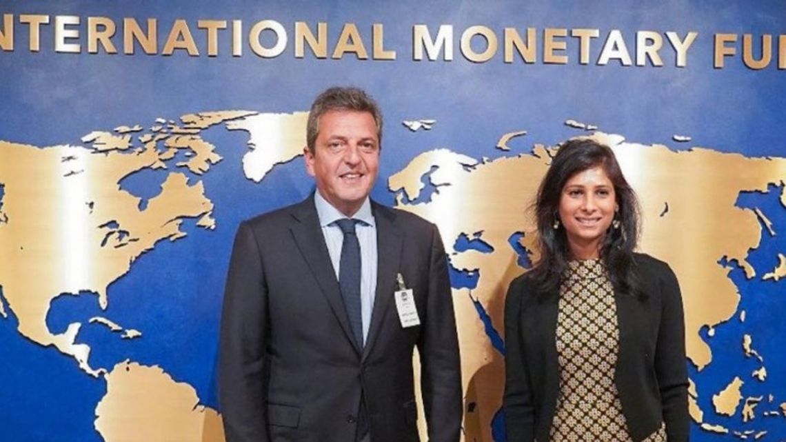 Economy Minister Sergio Massa poses for a photograph with Gita Gopinath, deputy managing director of the International Monetary Fund.