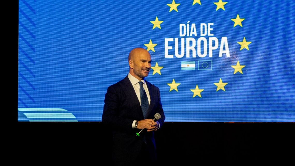 EU Ambassador to Argentina Amador Sánchez Rico delivers a speech marking Europe Day.