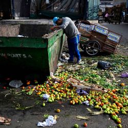 Un hombre busca comida dentro de un bote de basura donde se depositan las frutas y verduras desechadas en el Mercado Central de Buenos Aires Argentina. Foto por Luis ROBAYO / AFP. | Foto:AFP