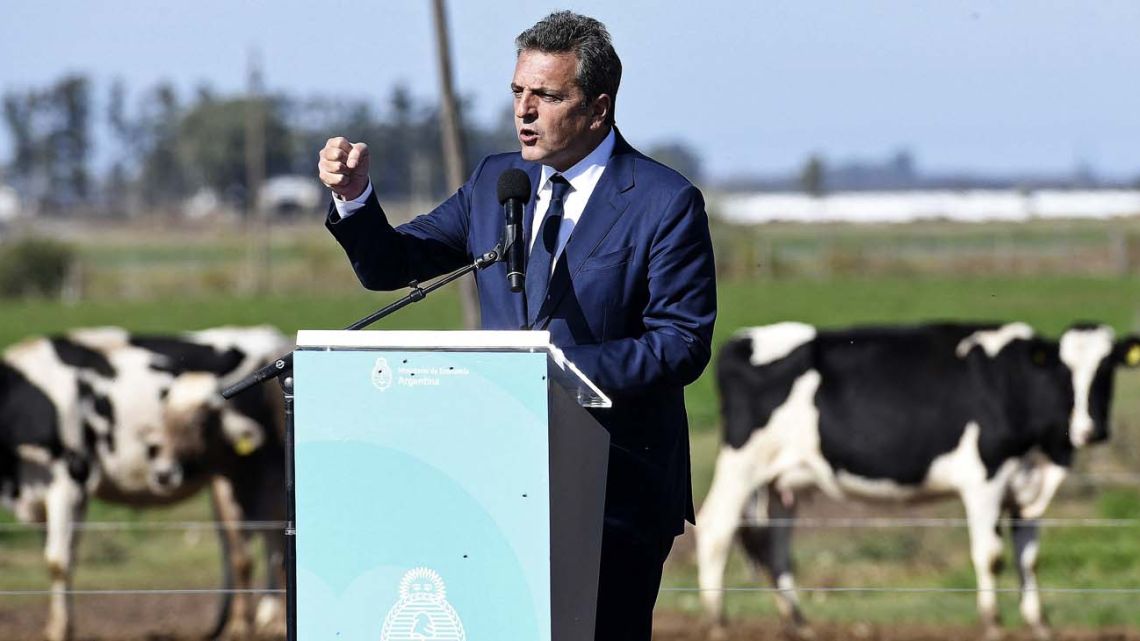 Economy Minister Sergio Massa announcing new economic measures for the agricultural sector in Navarro, Argentina on May 11, 2023, on the eve of the publication of April's inflation by the INDEC national statistics bureau.