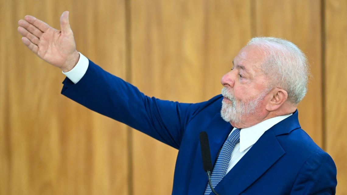 Brazilian President Luiz Inácio Lula da Silva speaks during a joint press conference with Netherlands' Prime Minister Mark Rutte (out of frame) at the Planalto Palace in Brasilia on May 09, 2023. 