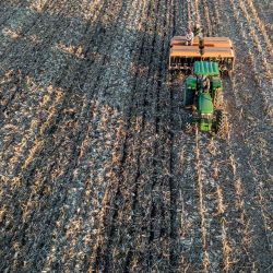 Toma aérea de trabajadores agrícolas utilizando un tractor para plantar semillas de centeno en la granja Merrydale, a las afueras de Frankfort. | Foto:Shiraaz Mohamed / AFP