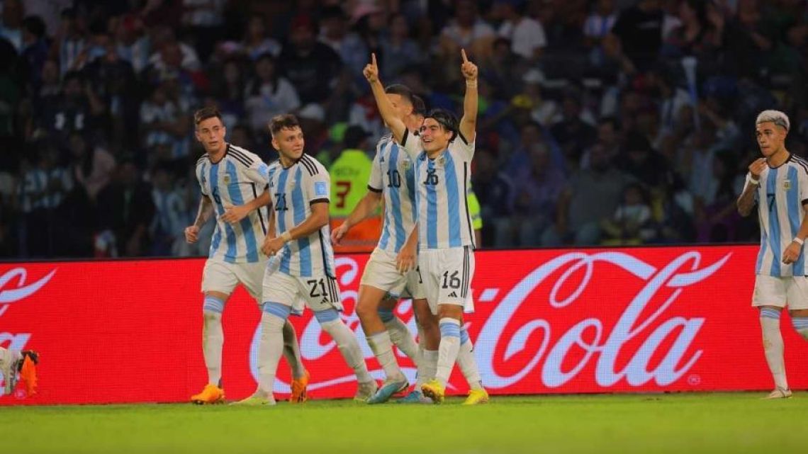 Luka Romero celebrates his goal for Argentina against Guatemala.