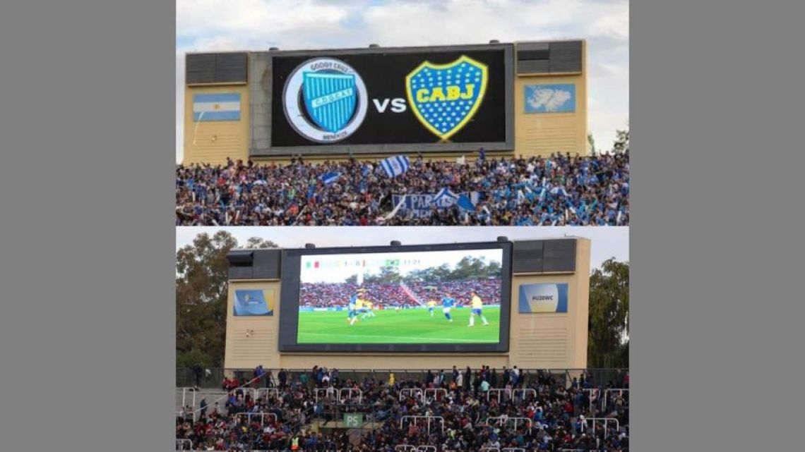 The scoreboard normally (above); as it was for the Under-20 World Cup match (below.
