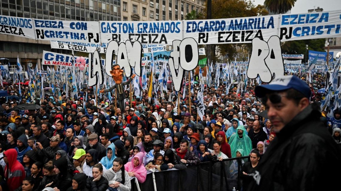 Supporters of Vice-President Cristina Fernández de Kirchner listen to her speech in Plaza de Mayo during an event to commemorate the 20th anniversary of Néstor Kirchner's inauguration and the 213th anniversary of the May Revolution in Buenos Aires, on May 25, 2023.