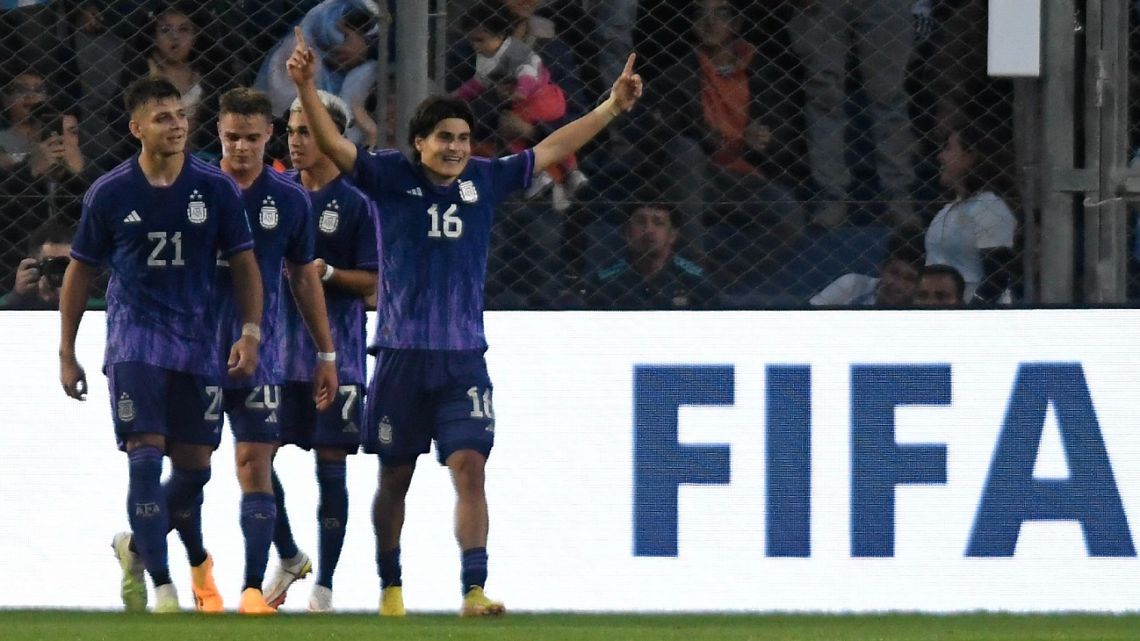 Argentina's Luka Romero (right) celebrates after scoring during the Argentina 2023 U-20 World Cup Group A football match between New Zealand and Argentina at the Estadio San Juan del Bicentenario stadium in San Juan, Argentina on May 26, 2023.