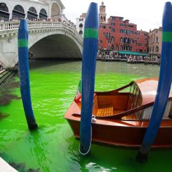 La foto tomada y difundida por la agencia de noticias italiana Ansa muestra aguas de color verde fluorescente bajo el puente de Rialto, en el Gran Canal de Venecia. El prefecto convocó una reunión urgente con la policía para investigar el origen del líquido, ya que los gondoleros se perdían en conjeturas sobre el origen del color. | Foto:STRINGER / ANSA / AFP