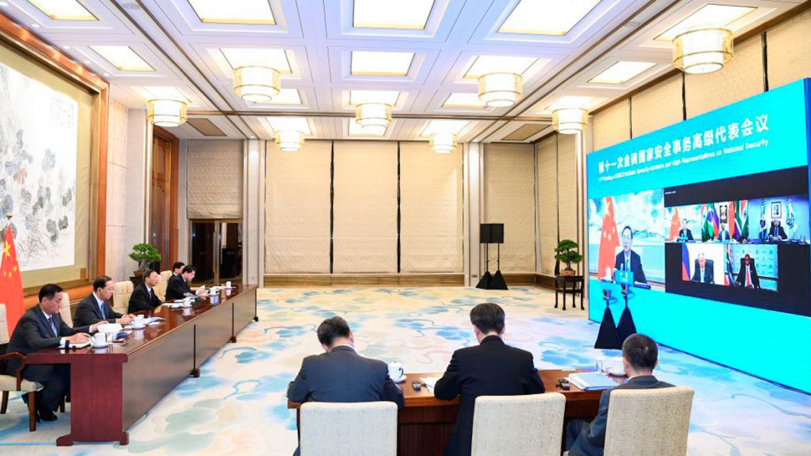 Yang Jiechi attends the 11th Meeting of the BRICS High Representatives for Security Issues via video link in Beijing. 