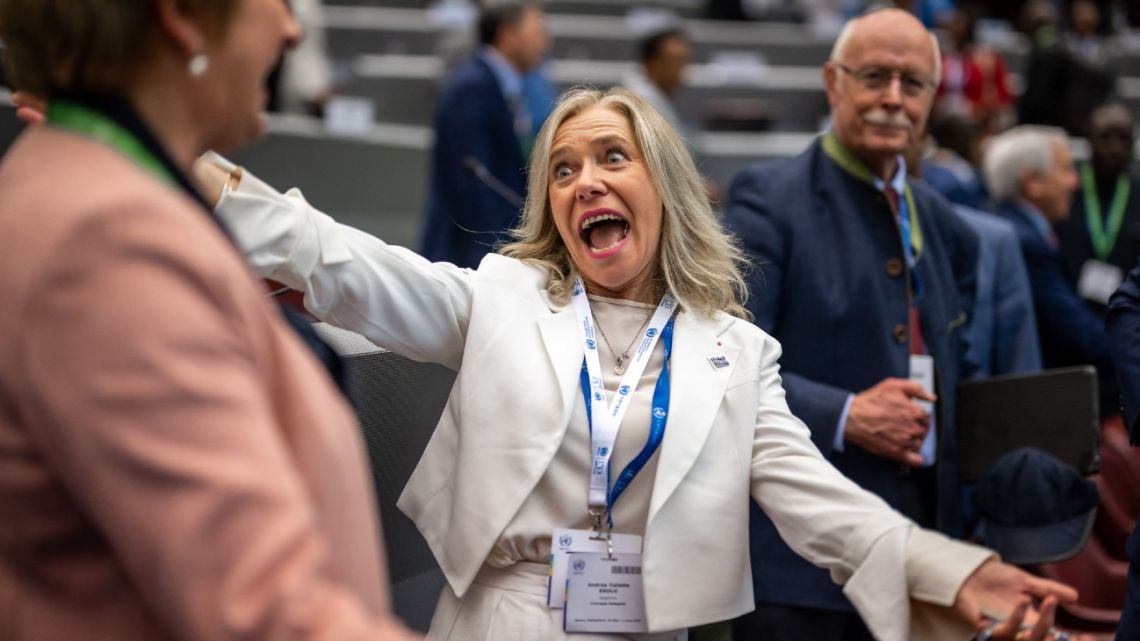 Argentina's Celeste Saulo celebrates after she was elected as Secretary-general of the World Meteorological Organization (WMO) in Geneva, on June 1, 2023. The WMO voted in Argentina's Celeste Saulo on to become its first woman leader and steer the WMO's critical global role in tracking climate change. 