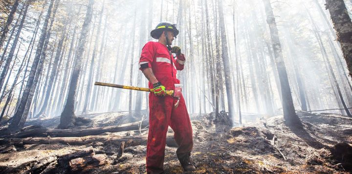 En esta imagen cortesía del Gobierno de Nueva Escocia en Canadá, el bombero Zach Rafuse de Halifax Regional Fire and Emergency, de Port Williams, trabaja para apagar el fuego en la zona de Tantallon. Más de 16.000 personas se vieron obligadas a evacuar sus hogares en la provincia oriental canadiense de Nueva Escocia, según informaron el lunes las autoridades, ya que uno de los cientos de incendios forestales que asolan el país amenazaba la ciudad de Halifax.