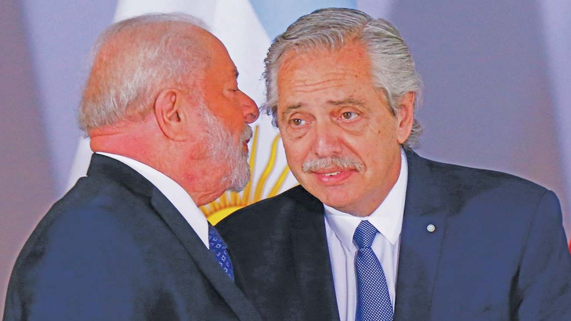 President Alberto Fernández greets Brazil's President Luiz Inácio Lula da Silva in Brasília.