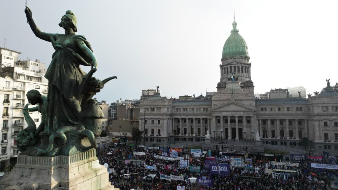 Aerial view of the eighth annual Ni Una Menos demonstration against gender violence taken in front of the National Congress in Buenos Aires, on June 3, 2023.