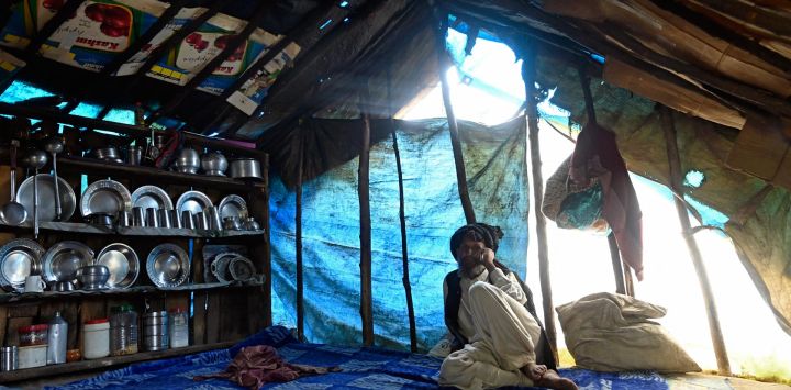 Un nómada cachemir habla por teléfono móvil mientras descansa en el interior de una tienda improvisada a las afueras de Srinagar, India.