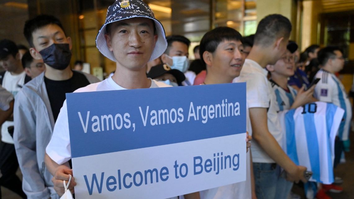 Fans wait for the arrival of the Argentine national football team outside the Four Seasons Hotel in Beijing on June 10, 2023. Argentina will play a friendly football match against Australia on June 15 at Beijing's newly-renovated 68,000-capacity Workers' Stadium.  