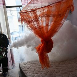 Un trabajador fumiga una casa contra el mosquito Aedes aegypti para prevenir la propagación del dengue en un barrio de Piura, al norte de Perú. | Foto:ERNESTO BENAVIDES / AFP