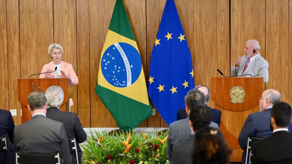 European Commission President Ursula Von Der Leyen and Brazilian President Luiz Inácio Lula da Silva give a joint statement after their meeting at Planalto Palace in Brasília, on June 12, 2023. 