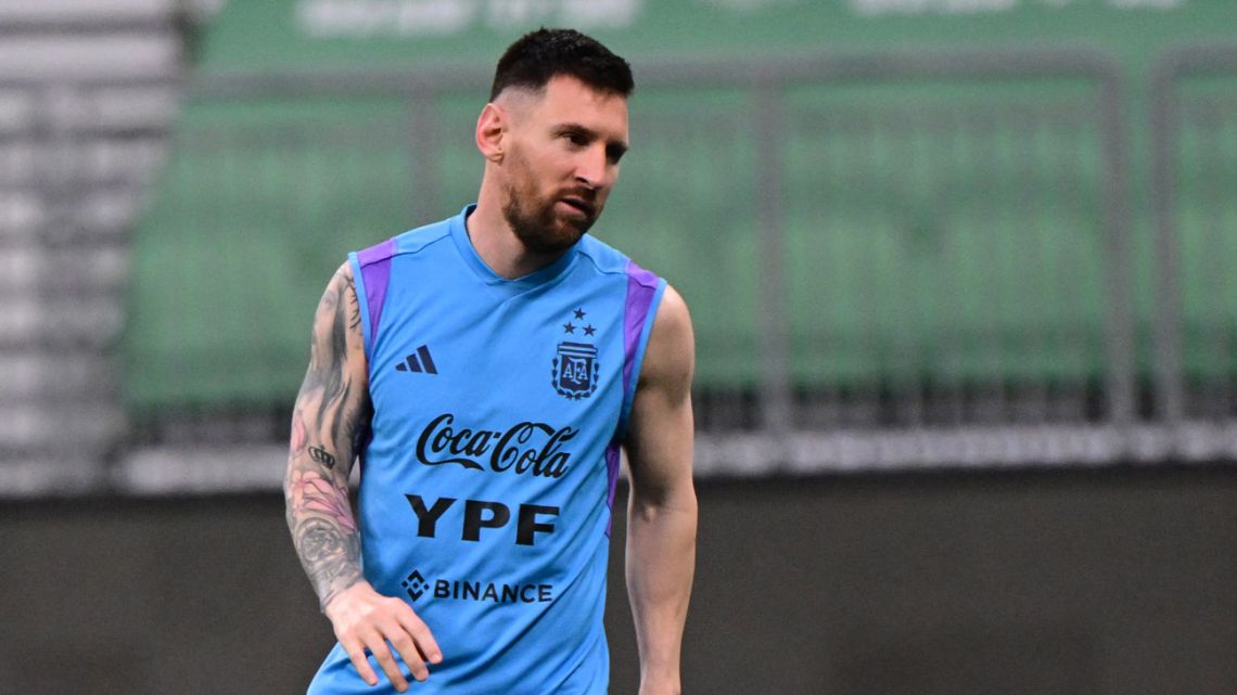 Argentina's forward Lionel Messi takes part in a training session ahead of the friendly match against the Australia national team, at the workers' stadium, in Beijing, China, on June 14, 20123.