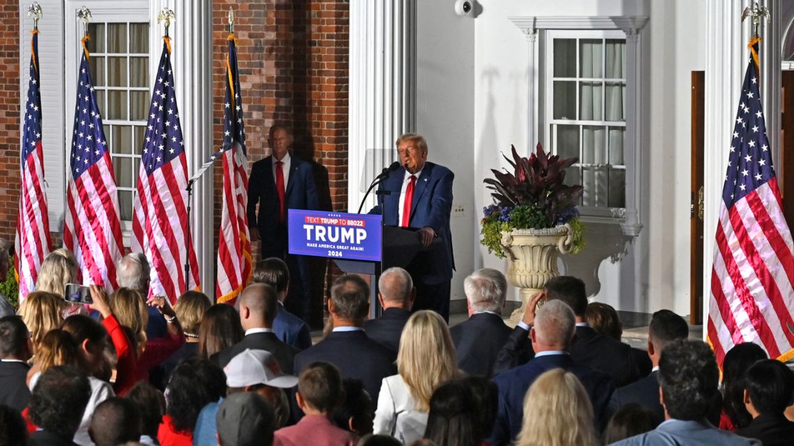 Former US President Donald Trump delivers remarks at Trump National Golf Club Bedminster in Bedminster, New Jersey, on June 13, 2023. 