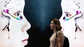 Un visitante pasa junto a una imagen expuesta en el stand de L'Oreal durante la feria de startups tecnológicas e innovación Vivatech en el centro de exposiciones Porte de Versailles de París.