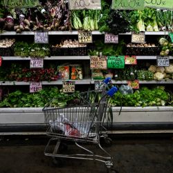 Un carrito se ve junto a la estantería de verduras en un supermercado en Buenos Aires. La inflación de precios al consumidor en Argentina subió 7,8 por ciento en mayo de 2023, con una tasa de inflación anual de 114,2 por ciento para los 12 meses terminados en mayo, publicó el el instituto oficial de estadísticas Indec. La inflación en los cinco primeros meses del año se sitúa en el 42,2 por ciento. | Foto:LUIS ROBAYO / AFP