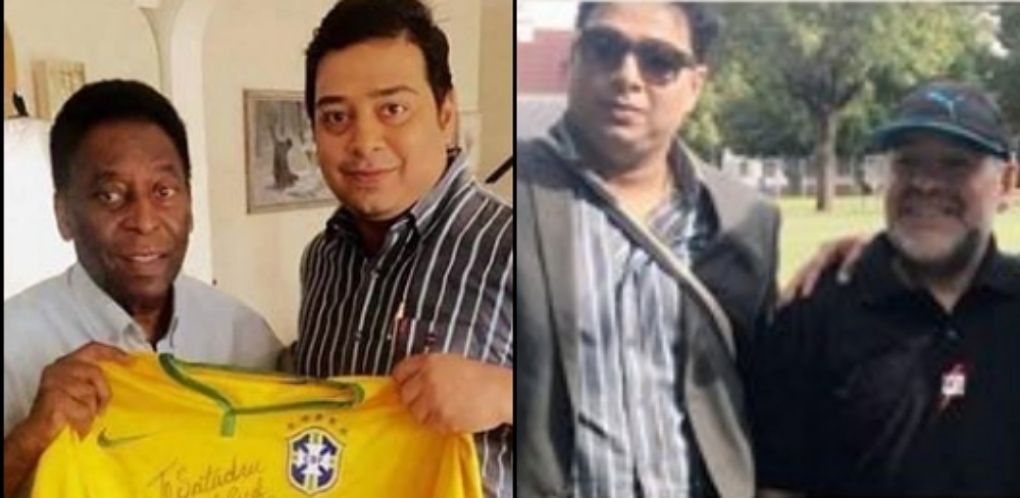 Satadru Dutta con Pelé, en 2015; y con Maradona, en 2017.