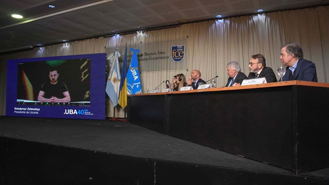 Ukrainian leader Volodymyr Zelenskyy addresses the University of Buenos Aires via videoconference.