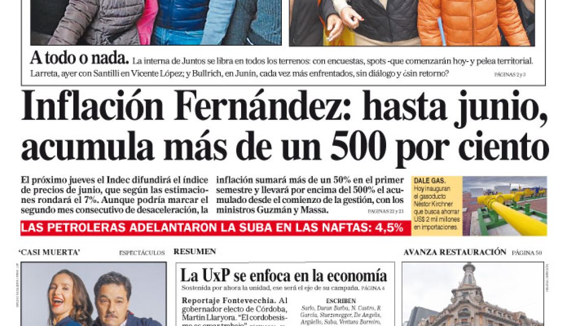 La tapa del Diario PERFIL d’este domingo 9 de julio de 2023