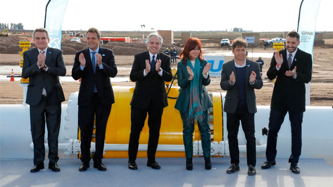 Cabinet Chief Agustín Rossi, presidential hopeful and Economy Minister Sergio Massa, President Alberto Fernández, Vice-President Cristina Fernández de Kirchner, Buenos Aires Province Governor Axel Kicillof and CEO of the ENARSA state energy firm Agustín Gérez attend the inauguration of the first section of the President Néstor Kirchner Gas Pipeline , in Salliqueló, Argentina on July 9, 2023. 