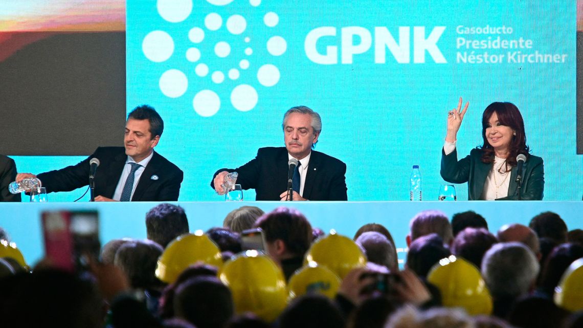 Economy minister and presidential hopeful Sergio Massa, President Alberto Fernández, Vice-President Cristina Fernández de Kirchner and Buenos Aires Province Governor Axel Kicillof attending the inauguration of the first section of the Nestor Kirchner Gas Pipeline (GNK), in Salliqueló, Argentina on July 9, 2023.