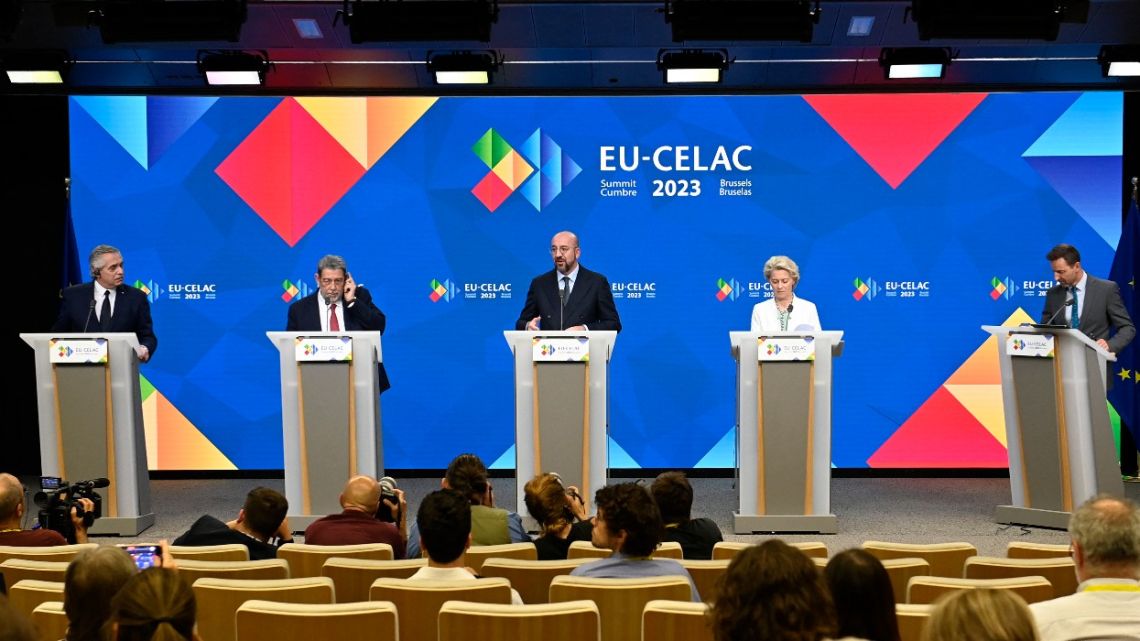 (From L to R) Argentina's President Alberto Fernandez, Saint Vincent and the Grenadines' Prime Minister Ralph Gonsalves, European Council President Charles Michel and President of the European Commission Ursula von der Leyen hold a press conference at the end of the EU- CELAC (Community of Latin American and Carribean States (CELAC) Summit in Brussels on July 18, 2023.