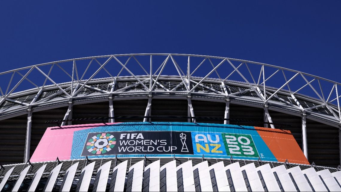 Promotional material for the Women's World Cup football tournament is displayed outside Stadium Australia, also known as Olympic Stadium, in Sydney on July 18, 2023.