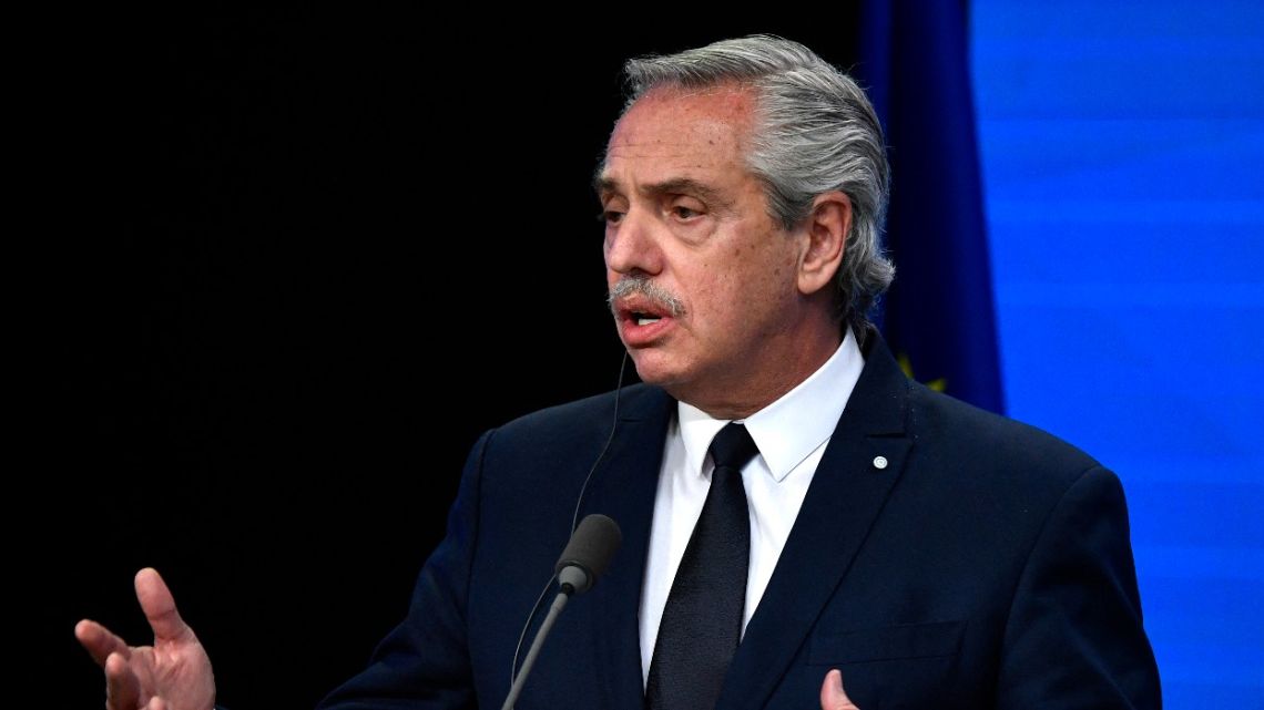 Argentina's President Alberto Fernandez holds a press conference at the end of the EU- CELAC (Community of Latin American and Carribean States (CELAC) Summit in Brussels on July 18, 2023.