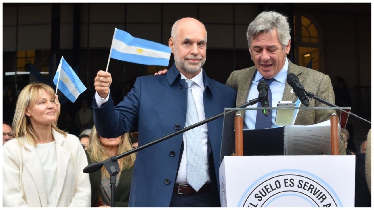 El presidente de la Sociedad Rural Nicolás Pino junto a Horacio Rodríguez Larreta. 