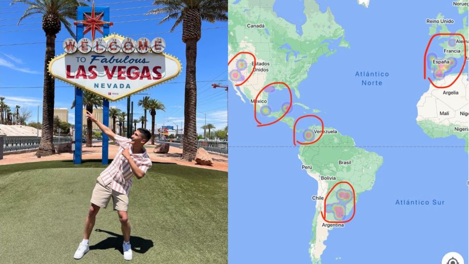 Jesús Tassarolo en el cartel de “Las Vegas” en su viaje a Estados Unidos y al lado su mapa de Google fotos donde muestra los lugares en los que estuvo