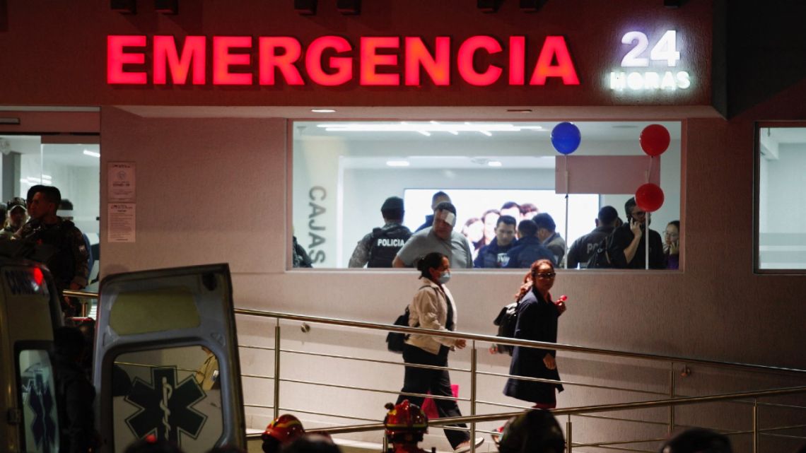 General view of the hospital where Ecuadorean presidential candidate Fernando Villavicencio was taken after being shot at a rally in Quito, on August 9, 2023. Villavicencio was shot to death after a rally in Quito. 