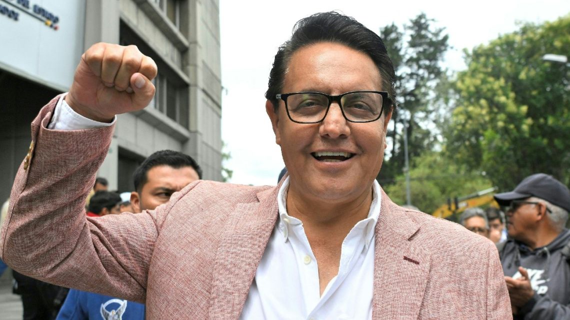 Former Assembly member and now presidential candidate, Fernando Villavicencio, gestures outside the Attorney General's Office in Quito on August 8, 2023. Presidential candidate Fernando Villavicencio was shot to death on August 9, 2023 after a rally in Quito. 