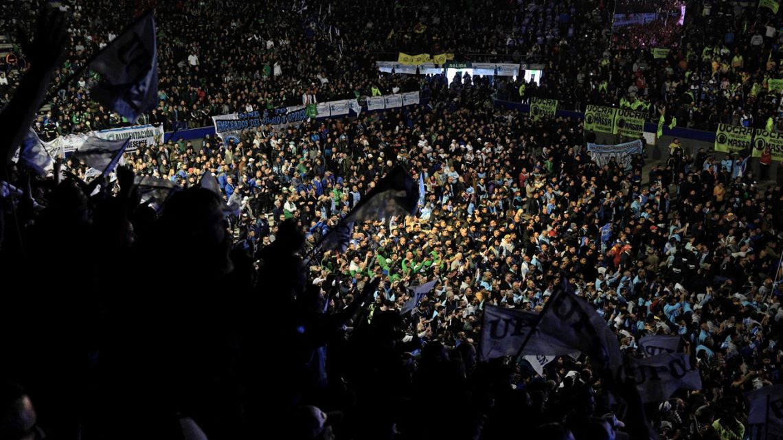 Supporters of Argentina's Economy Minister and presidential hopeful Sergio Massa attend a campaign rally with labour unions at DirecTV Arena in Tortuguitas, Buenos Aires province, Argentina, on August 8, 2023. Argentina holds primary elections on August 13 and the first round of the presidential vote on October 22. 