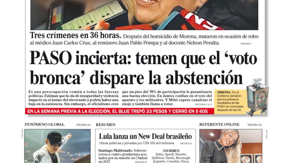 La tapa del Diario PERFIL del sábado 12 de agosto de 2023