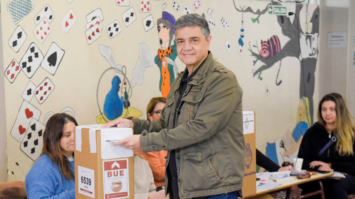 PRO party candidate for Buenos Aires City Mayor Jorge Macri casts his vote in the 2023 PASO primaries in Palermo, Buenos Aires City.