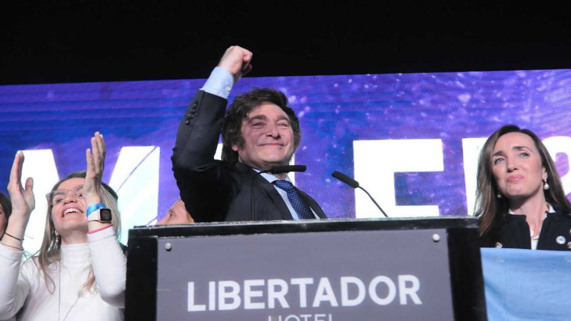 Javier Milei addresses supporters at the Hotel Libertador.