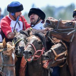 Los jinetes de Krasnoyarsk y Moscú de Rusia luchan para agarrar la piel de oveja mientras juegan el deporte tradicional de Asia Central de Kok-Boru (lobo gris) o Buzkashi (agarrar cabras) durante la Copa del Mundo de Kok-Boru. | Foto:VYACHESLAV OSELEDKO / AFP