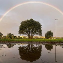 Un arcoíris se refleja en un charco de agua en Auckland. | Foto:SAEED KHAN / AFP