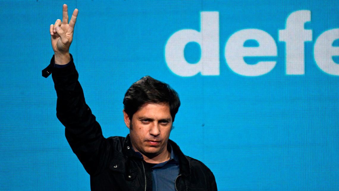 Axel Kicillof, Governor of Buenos Aires province and candidate for re-election, gestures before addressing his supporters after learning the results of the primary elections at his headquarters in Buenos Aires, August 14, 2023.