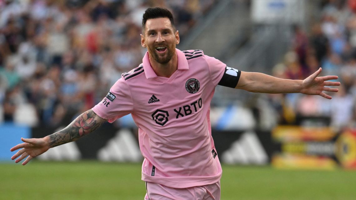 Inter Miami forward #10 Lionel Messi celebrates scoring during the CONCACAF Leagues Cup semi-final football match between Inter Miami and Philadelphia Union at Subaru Park Stadium in Chester, Pennsylvania, on August 15, 2023.