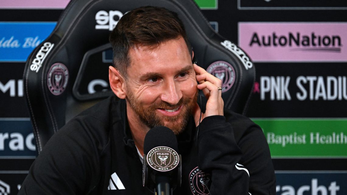 Inter Miami's Argentine forward Lionel Messi attends a press conference at DRV PNK Stadium in Fort Lauderdale, Florida on August 17, 2023. 