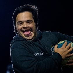 Martín Tillet runs with the ball during a Pumpas XV Mixed Ability rugby team training session in Buenos Aires Province, on June 14 2023.