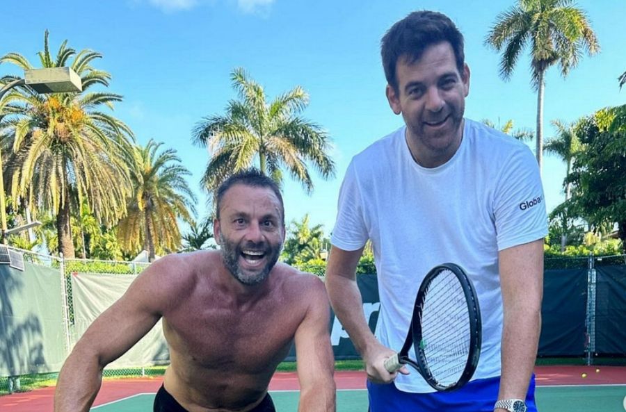 David Grutman y Juan Martín del Potro: peloteo en Miami.